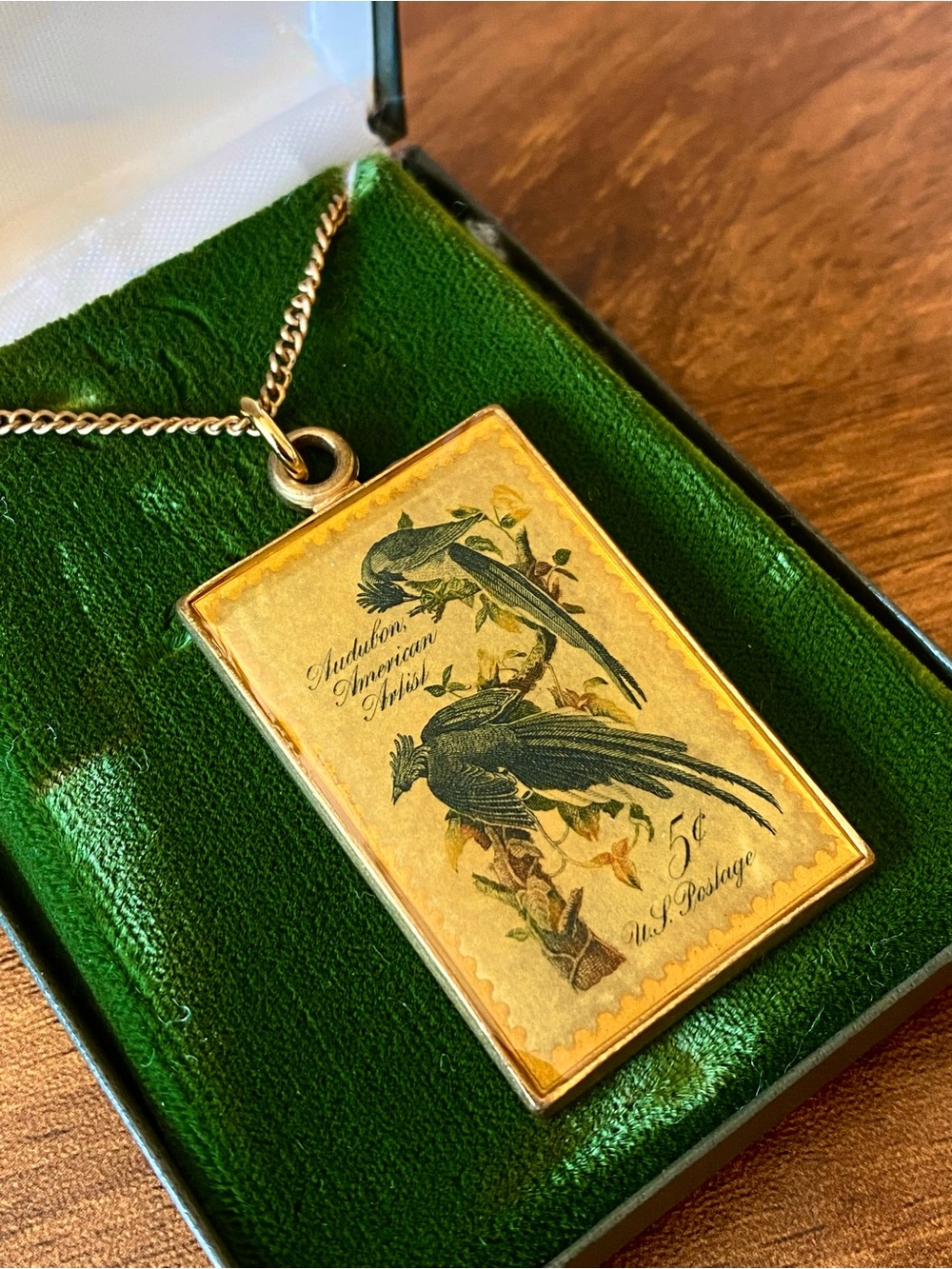 Gold-Tone Audubon Bird Stamp Pendant Necklace in Original Box
